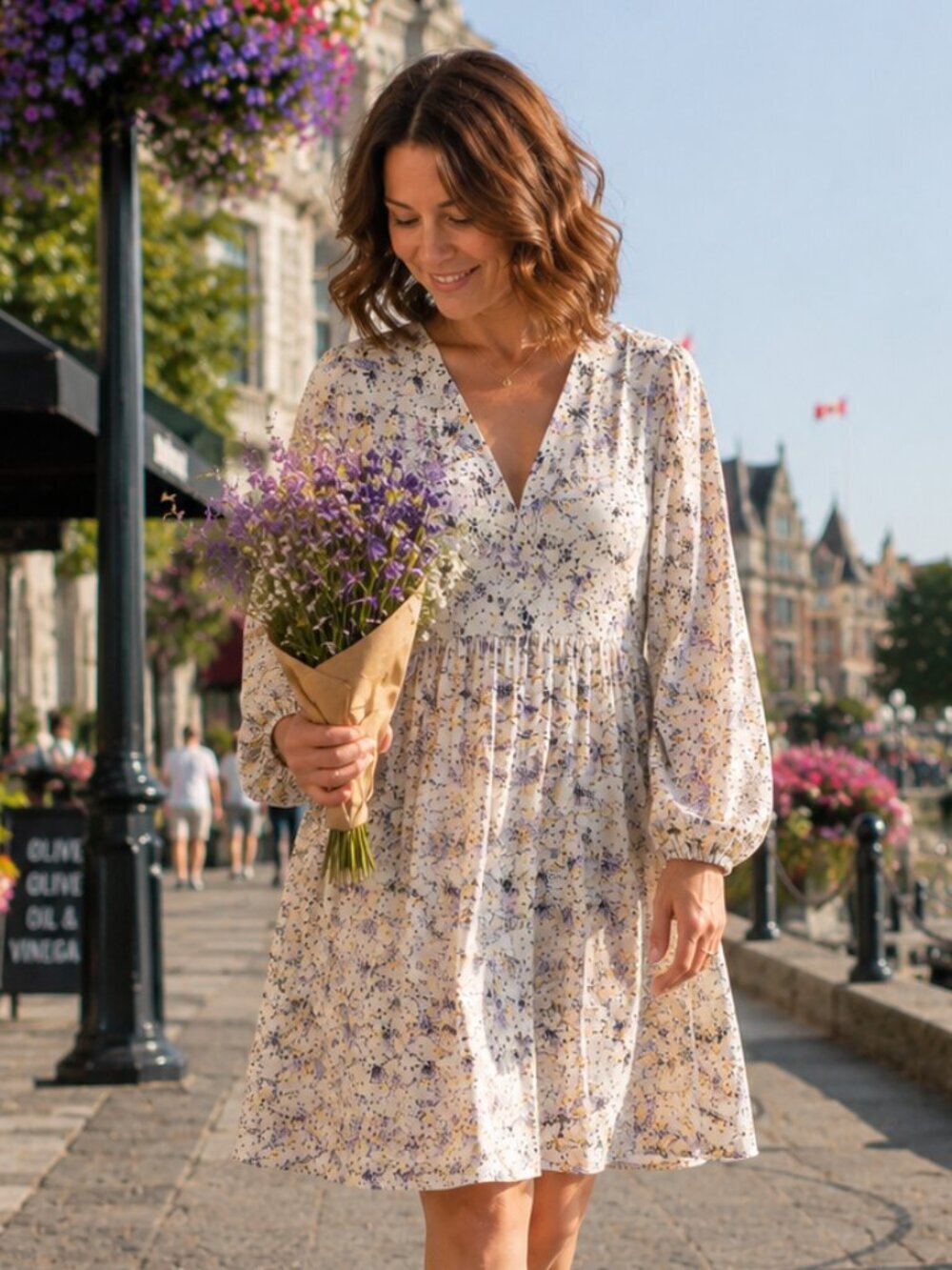 Minimum Floral Long Sleeve Mini Dress Cream Purple V Neck Relaxed Fit Viscose